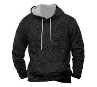 Generisch Men's Viking Medieval Printed Hooded Sweat Vintage Runes Printed Winter Jumper Drawstring Comfortable Work Jumper with Kanga Pocket, black, 5XL