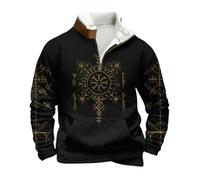 Generisch Men's Vintage Half Zip Sweatshirt Nordic Mythology Viking Tattoos Hoodie Without Hood Oversized Knitted Jumper Soft Warm Work Jumper Gothic Medieval Streetwear, O Black, M