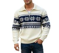 Generisch Men's Warm Knitted Jumper in Norwegian Style Winter Jumper Traditional Knitted Jumper with Zip Sweater Christmas Jumper Casual Sweatshirt Long Sleeve Jumper, beige, L