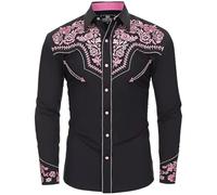 Generisch Men's Western Cowboy Shirt Long Sleeve Slim Fit Embroidered with Pockets Casual Button Down Design, pink, S