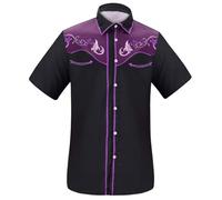 Generisch Men's Western Denim Shirt 3D Printed Design Short Sleeve Casual Floral Pattern Breathable Cotton Fabric Comfortable Leisure, purple, 3XL