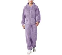 Generisch Men's Winter Warm Plush Jumpsuit Sleep Suit Zip Teddy Fleece One-Piece Onesie Jumpsuit Cuddly Loungewear Funny Long Pyjamas Leisure Suit with Hood and Pockets, purple, M