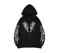 Generisch Men's Zip Hoodie in Y2K Style with Gothic Wings Print, Hooded Jacket with Tribal Pattern on Chest and Sleeves, Casual Streetwear Jacket for an Alternative Look, style_w01 black, XXL