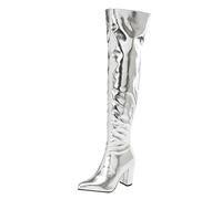Generisch Metallic Over the Knee Boots Pointed Toe Thick Heels Short Plush Inner Layer High Gathering Fashion Dress Zipper Boots, silver, 8.5 UK