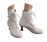 Generisch Mid Heels Boots Women's Victorian Vintage Lolita Lace-Up Boots Mid Calf Cute Transition Boots Knight Casual Shoes Chunky Low Heel Short Boots Ankle Boots, O White, 9 UK