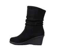 Generisch Mid-shaft boots, women's vintage, half boots, wedge heel, knight boots, classic slip-on boots, non-slip snow boots, warm suede winter boots for office and daily wear, black, 6 UK