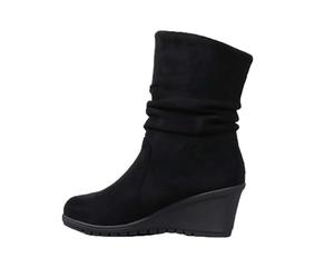 Generisch Mid-shaft boots, women's vintage, half boots, wedge heel, knight boots, classic slip-on boots, non-slip snow boots, warm suede winter boots for office and daily wear, black, 6 UK