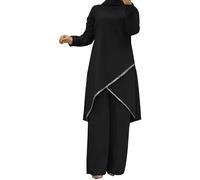 Generisch Muslim Dresses Women's 2-Piece Long Sleeve Top + Long Trousers Ramadan Outfit Plain Two Piece Prayer Clothing Middle East Turkey Dubai Arabic Abaya Suit Prayer Outfits, black, XL