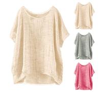 Generisch Muslin Blouse Women's Oversized Women's Blouses Short Sleeve Linen Shirt Vintage Summer Long Shirts Lightweight Blouse Muslin Blouses Linen Shirt Oversized Linen Top Tunic, khaki, M