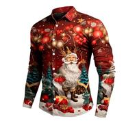 Generisch Neon Shirt Men's 80 with Santa Claus Digital Print 3D Print Long Sleeve Shirt Men's Button Down Collar, Red (watermelon red), L