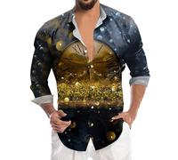 Generisch New Year Spring Festival Men's 3D Digital Print Long Sleeve Shirt Elegant Button Down Top Stylish Design, navy, XL