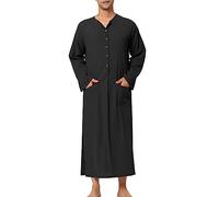 Generisch Nightdress Men's Long Sleeve Patient Shirt Plain Soft Pyjamas Long Pyjama Top Sleepwear Long Sleep Shirt Soft V-Neck Buttoned Sleep Shirt Night Dress, black, L