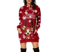 Generisch Norwegian Pullover Women's Winter Dress with Merry Christmas Print Long Sleeve Hoodie Long Sleeve Midi Dresses with Pockets Sweaters Teenager Boys, Wine Red, S