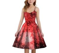 Generisch Online Women's Girls' Halloween Medieval Dress with Blood Stained Print, A-line Strapless Party Costume for Children, Elegant Gothic Evening Dress for Girls, 146 (Red, 13-14 Years)