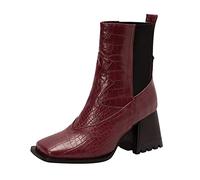 Generisch Overknee Boots Women's Shark Boots Face Square Toe Chunky High Heel Elastic Mid Boots, Wine Red, 8 UK