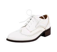 Generisch Oxford Shoes Women's Perforated Lace-Up Shoes Wingtip Leather Flat Vintage Brogues Contrast Colour Block Heel Wing Tip Leather Shoes Yard Shoes Traditional Shoes, White, 10 UK