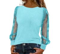 Generisch Party Top Women's Glitter, Women's Tops Elegant Festive Sequins Blouse Shirt Crew Neck Glitter Top Mesh Long Sleeve Sequin Shirt Plain Glitter Blouse Carnival Costumes, sky blue, XXXXXL