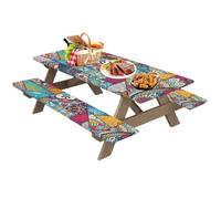 Generisch Picnic Table Set with Bench Cover, Picnic Table Covers with Elastic - 3 Pieces Elastic Outdoor Tablecloth for Camping - Camping Must-Haves Picnic Accessories for Picnic, Painting, Working