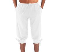 Generisch Pirate Trousers Men's Medieval Vintage Linen Three-Quarter Trousers Plain Cuffs Leisure Trousers Comfortable Breathable Travel Trousers Lightweight Summer Outdoor Trousers with Drawstring