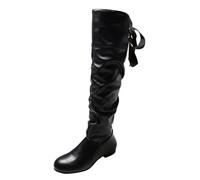 Generisch Plain Peated Bow Tie Back Thick Heel Long Boots Mid-Calf Boots for Stylish Elegance in Winter, black, 5 UK