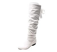 Generisch Plain Torfleder Bow Tie Back Thick Heel Long Boots, White, 7 UK