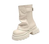 Generisch Platform Boots Women's Gothic Punk Ankle Boots Women's with Heel Bike Boots Block Heel Profile Sole Motorcycle Boots Buckle Combat Boots Short Shaft Leather Boots Round Toe Slip Boots, White