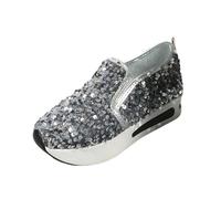 Generisch Platform Casual Shoes with Glitter Mesh for Women Breathable Comfortable Shoes Lightweight Slip-On Comfort for Every Season, gray, 5 UK