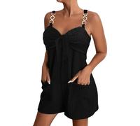 Generisch Playsuit Women's Short Summer Jumpsuit with Chain Strap Shortalls Wide Leg Jumpsuit Plain Casual Romper Wrap Look One-Piece Dungarees Elegant Romper for Beach Holiday, black, M