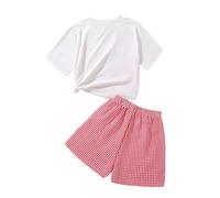Generisch Pleated Skirt 146 Summer Short Sleeve T-Shirt with Crew Neck Heart Print Red Checked Shorts Two Piece Set Baby Girls 74, White, 11-12 Jahre
