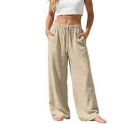 Generisch Plus Size Linen Trousers with Drawstring and Pockets - Casual Breathable Summer Wide Leg Pants, khaki, M