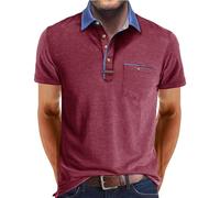 Generisch Polo Shirt Men's Short Sleeve Contrast Polo Shirt Golf Shirt Polo Shirt with Chest Pocket Button Placket Top Shirts 2025, Red Polo Shirts for Men, M