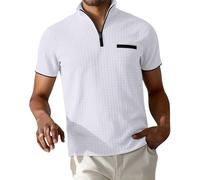 Generisch Polo Shirt Men's Short Sleeve Waffle Pattern Polo Shirt with 1/4 Zip Polo Shirt Summer Plain Top Shirts, White Polo Shirts for Men, L