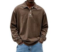 Generisch Polo Shirts for Men Long Sleeve Retro Distressed Washed Sweatshirt Without Hood with Buttons Vintage Polo Shirt Top, Braun Polo Shirts for Men, XL