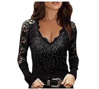 Generisch Pots Pots Women O Tunic Sexy Printed Casual Neck Long Jumper Lace Sleeves Women's Blouse Satin Shirt, black, M