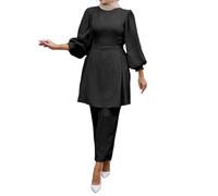 Generisch Prayer Clothing Muslim Women's Lantern Sleeve Tunic Top + Long Trousers 2-Piece Ramadan Outfit Abaya Middle East Corban Set Elegant Plain Leisure Suit Arabic Islamic Clothing, black, M