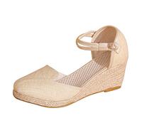 Generisch Product Description Women's Sandals Platform Wedge Linen Shoe Versatile Braided Buckle Breathable Wedge Sandals, beige, 8.5 UK