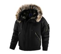 Generisch Puffer Jacket Men's Hooded Jacket Lined Fleece Thick Wind Jacket with Faux Fur Collar Sweat Jacket Leisure Oversized Hybrid Jacket Plain Windproof Hiking Jacket, black, S