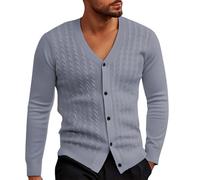 Generisch Pullover for Men V-Neck Collarless Long Sleeve Shirt Lightweight Knitted Jumper Top Lightweight Transition Jacket Plain Long Sleeve Comfortable and Soft Activewear Coat, gray, L
