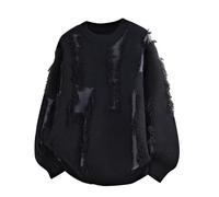 Generisch Pullover Men's Colour Block Winter Jumper Textured Crochet Jumper Ripped Jumper Y2K Grunge Sweater Oversize Knitted Jumper Wool Jumper Gothic Streetwear Aesthetic Punk Tops, O Black, 4XL