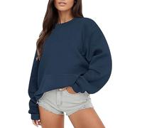 Generisch Pullover Women's Blue Cotton Sweatshirt Plain Sweat Jacket with Pockets Streetwear Crew Neck Blouse Autumn Winter Long Sleeve Shirt Comfortable Long Shirt Soft Blouse Loose Tops, navy, XL