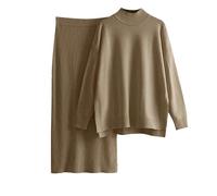 Generisch Pullover Women's Knitted Jumper Elegant Christmas Turtleneck Jumper Set for Women Winter Plain Half Turtleneck Jumper Half Wrap Skirt Hip Skirt Two Piece Set, khaki, One Size