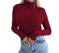 Generisch Pullover Women's Knitted Turtleneck Pullover Women's Thin Sweater Long Sleeve Knitted Jumper Turtleneck Winter Jumper Plain Sweatshirt Loose Jumper Soft Long Sleeve Shirt Autumn Top, Wine