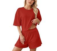 Generisch Pyjama Tops, Two-Piece Soft Crew Neck Pyjama Set, Summer Loungewear, Sleepwear, Leisure Suit for Home, Holiday, Leisure, Pyjamas B2-red, L