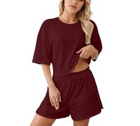 Generisch Pyjama Tops, Two-Piece Soft Crew Neck Pyjama Set, Summer Loungewear, Sleepwear, Leisure Suit for Home, Holiday, Leisure, Pajamas B2 wine, S