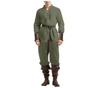 Generisch Renaissance Costume Men's Medieval Clothing Adult Viking Costume Warrior Gothic Stand-Up Collar Outfits Cosplay Clothing Lace-up Shirt with Knee Trousers Steampunk Knight Belt