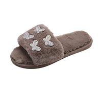 Generisch - Rhinestone Butterfly Decorative Open Toe Comfort Flat Cotton Slippers, khaki, 5 UK