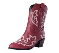 Generisch Riding Ankle Boots Women's Western Boots Women's Short Slip On Boots Embroidery Traditional Boots Slip On Women's Boots with Block Heel Transition Boots Casual Cowboy Boots Short Boots, Wine