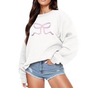 Generisch Round Neck Jumper Women's Cute Pullover with Bow Pattern Long Sleeve Fleece Jumper Bow Pullover Top Hooded Women's Jumper, White, M