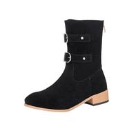 Generisch Round Toe Western Boots Flat Block Heel Buckle Trim Everyday Wear - Effortless Riding, black, 2/2.5 UK