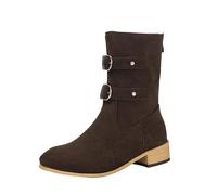 Generisch Round Toe Western Boots Flat Block Heel Buckle Trim Everyday Wear - Effortless Riding, brown, 2/2.5 UK